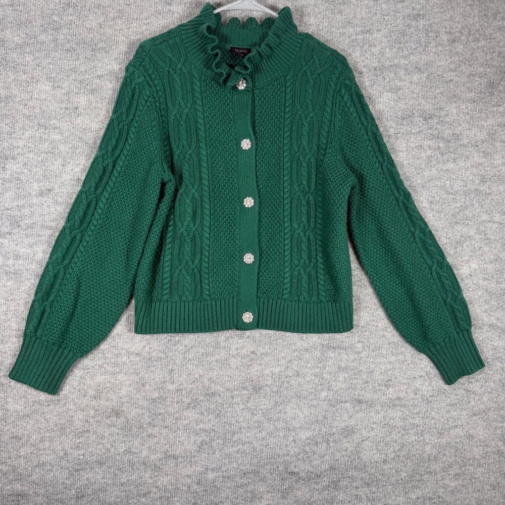 Talbots Size-L Womens Sweater Green Cable Knit Cardigan Ruffle Mock Neck